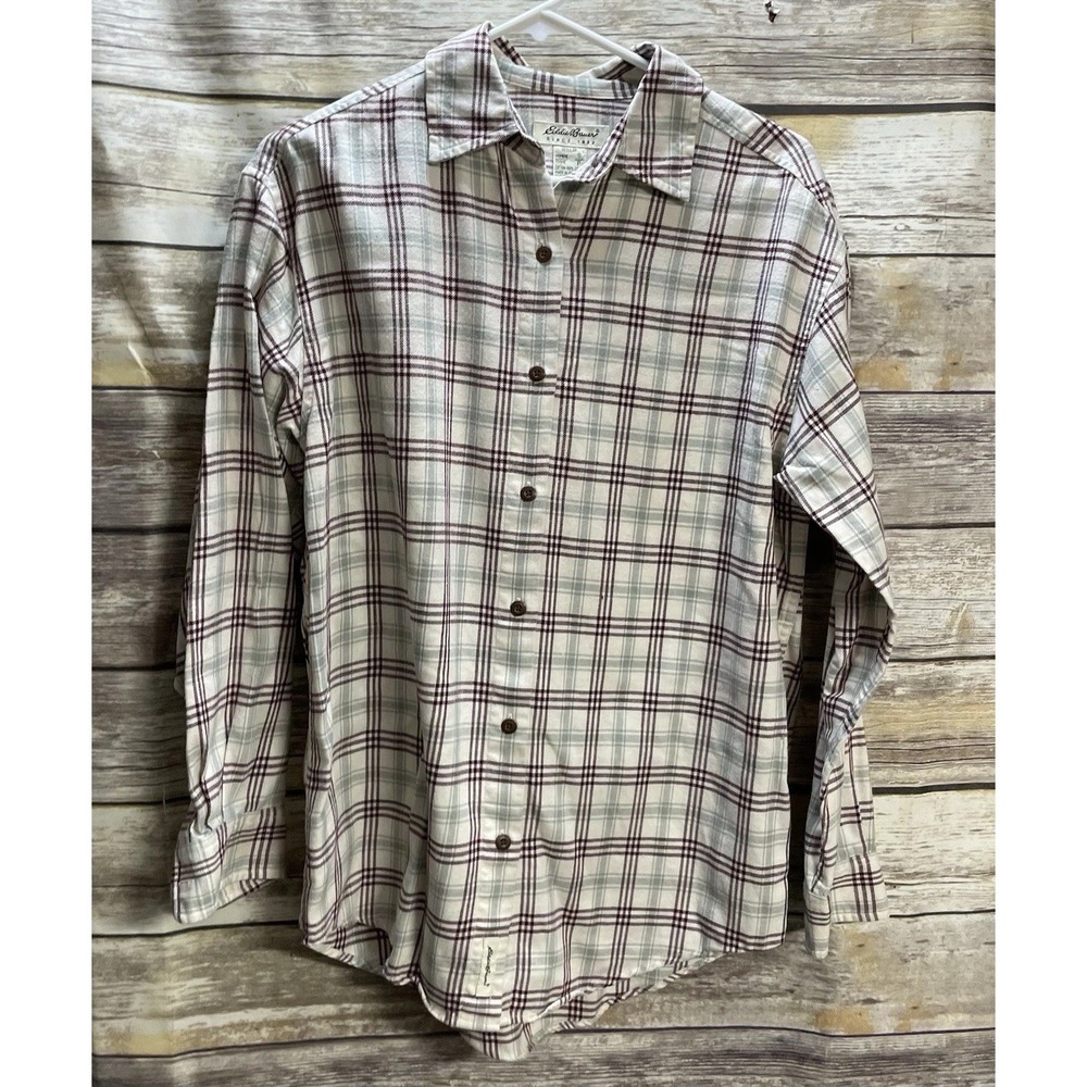 Eddie Bauer Shirt Men's Small Plaid Long Sleeve FLANNEL Button Up Green Burgundy